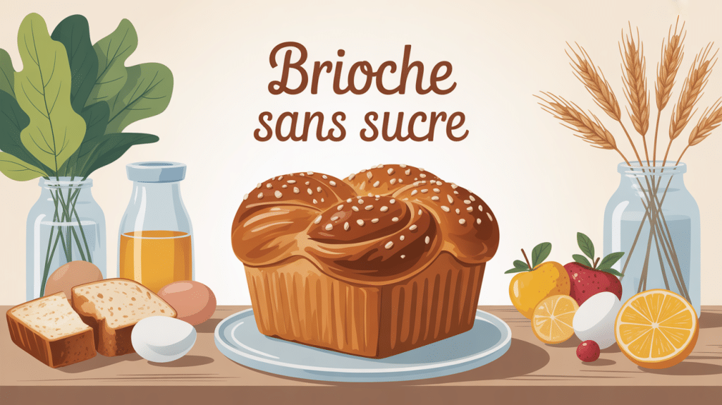 Illustration brioche sans sucre dorée, ingrédients naturels, ambiance saine