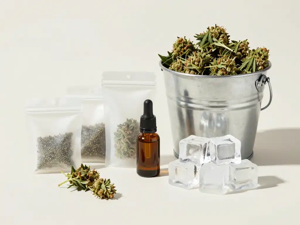 Scène produit matériel ice-o-lator sacs filtrants seau fleurs glace