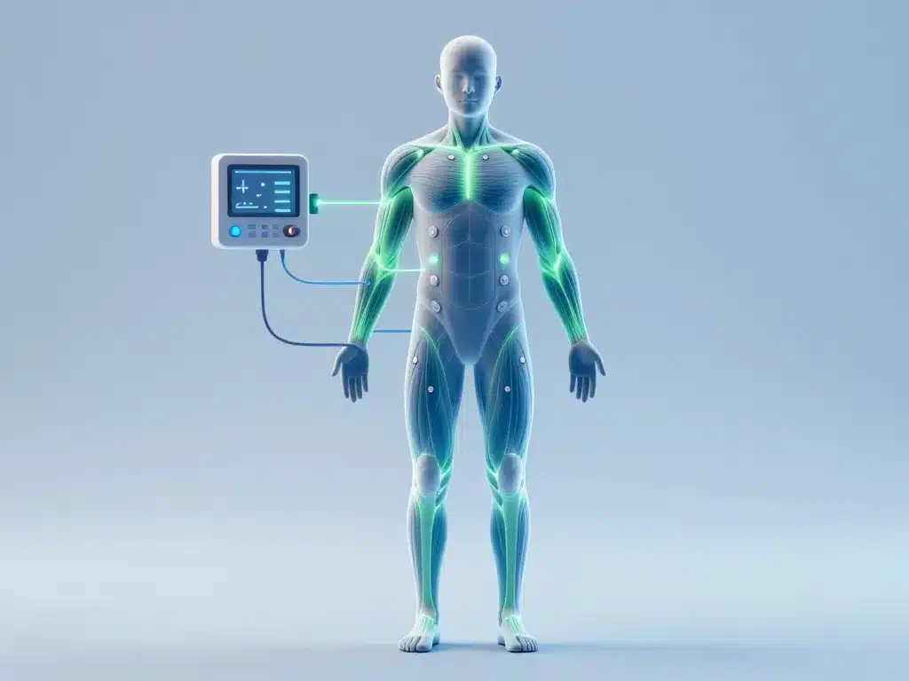 Schéma miha bodytec EMS, combinaison électrodes et activation musculaire