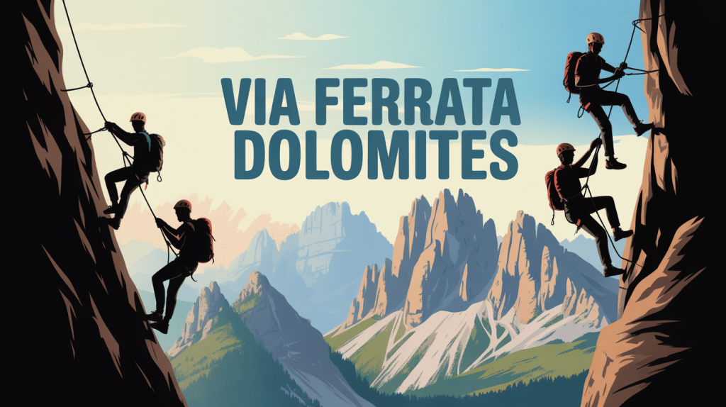 illustration vectorielle via ferrata Dolomites grimpeurs falaises massifs