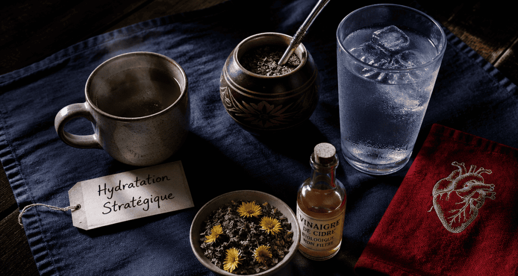 boisson pour perdre du poids sur table, thé vert, maté, eau, vinaigre de cidre