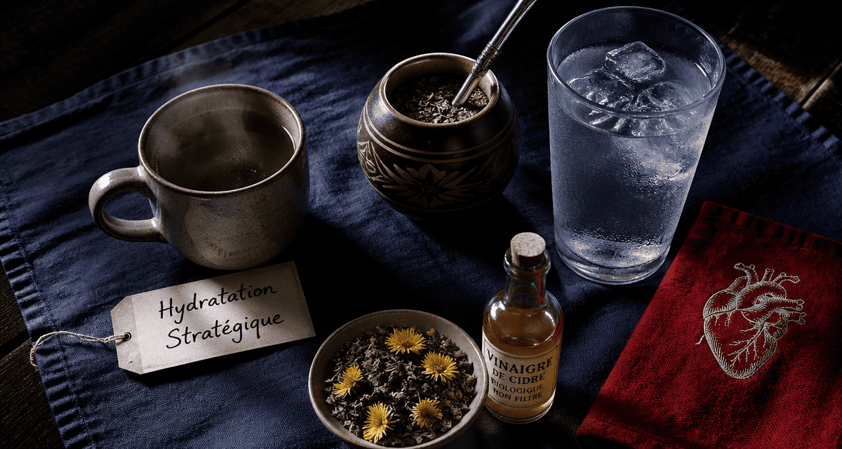 boisson pour perdre du poids sur table, thé vert, maté, eau, vinaigre de cidre