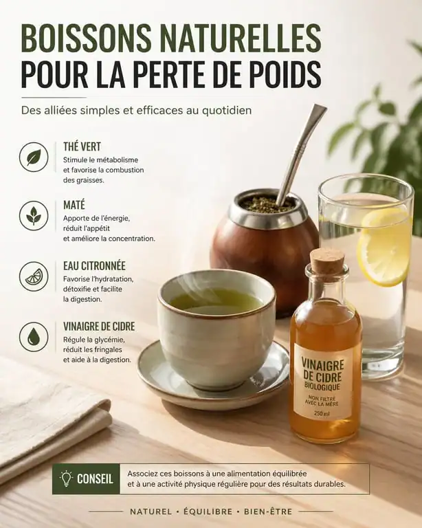 Sélection de boissons naturelles pour la perte de poids : thé vert, maté et vinaigre de cidre