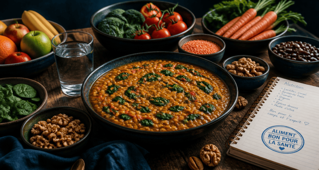 Aliment bon pour la santé sur table, dahl, fruits, légumes