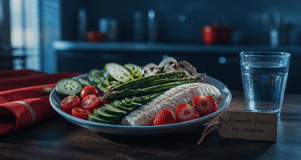 Assiette d'aliments faibles en calories avec légumes et cabillaud