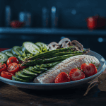 Assiette d'aliments faibles en calories avec légumes et cabillaud