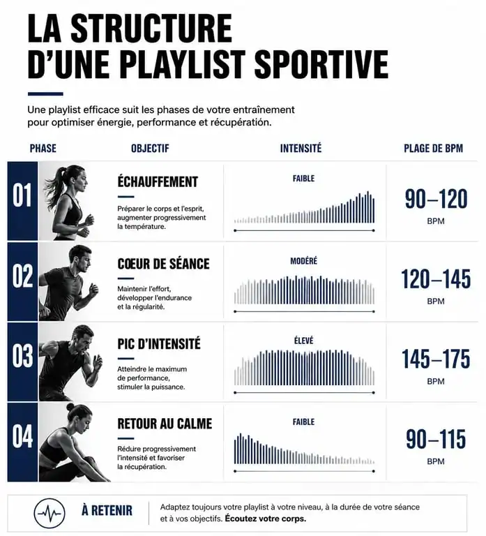 Infographie des plages de BPM recommandées pour la musique de motivation sportive en 2023