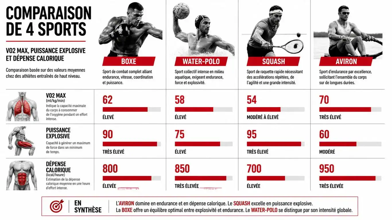 Infographie comparative des sports les plus physiques selon la dépense énergétique et les capacités physiologiques