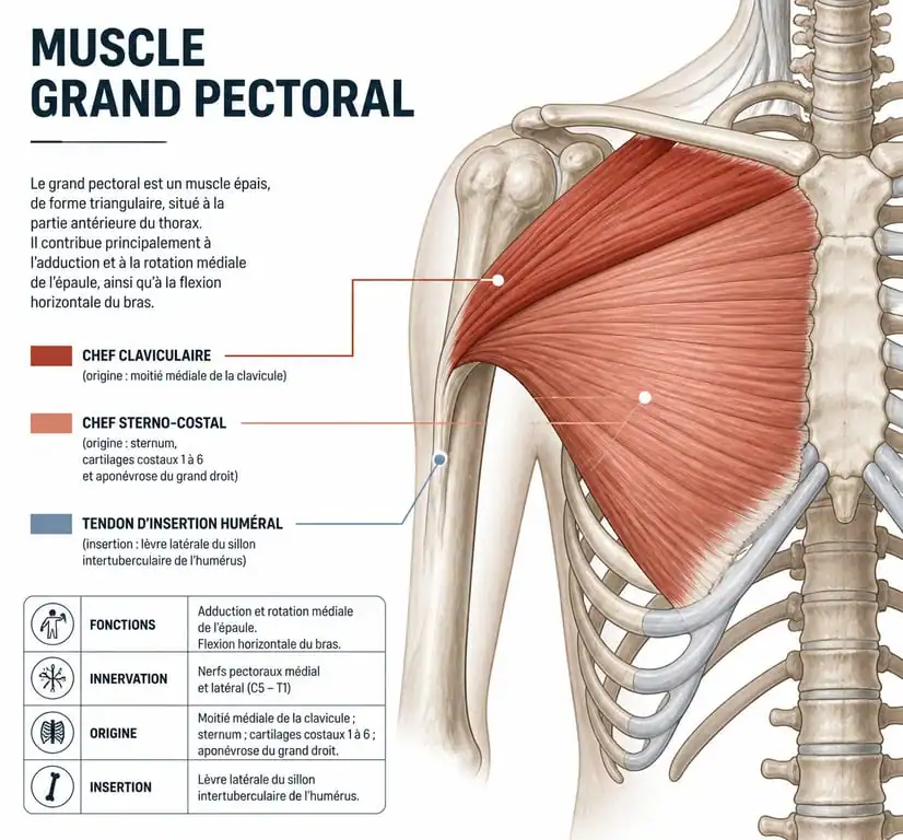 Schéma anatomique du grand pectoral illustrant les zones de douleur courantes