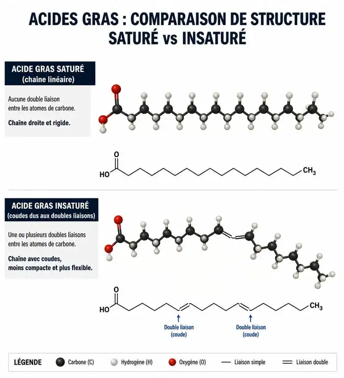 Différence de structure moléculaire entre acides gras saturés et insaturés