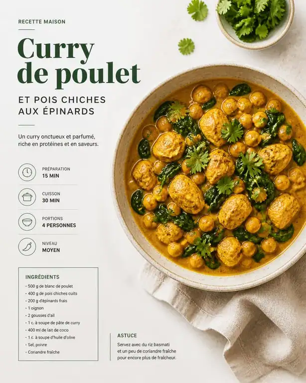 Curry de poulet et pois chiches aux épinards, repas riche en protéines
