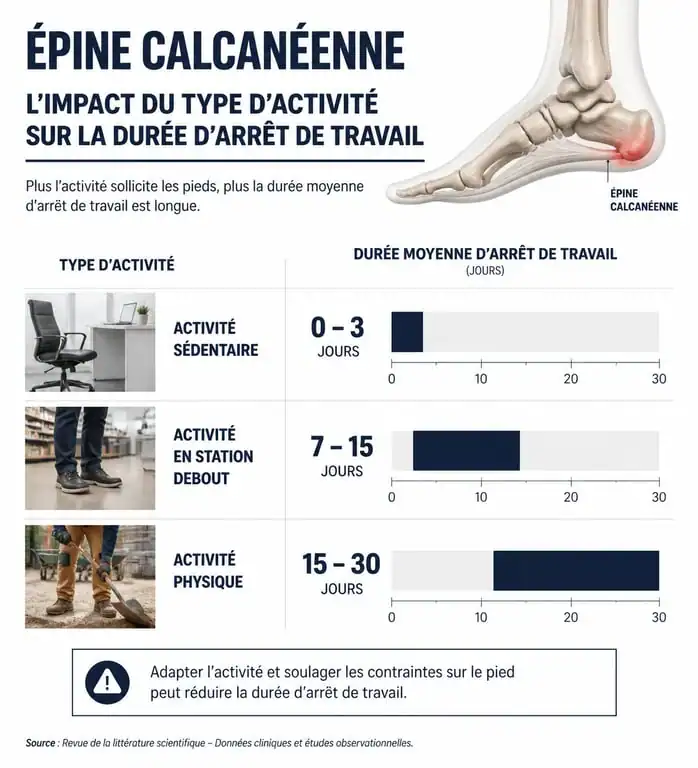 Infographie sur la durée d'arrêt de travail pour une épine calcanéenne selon le type d'activité professionnelle