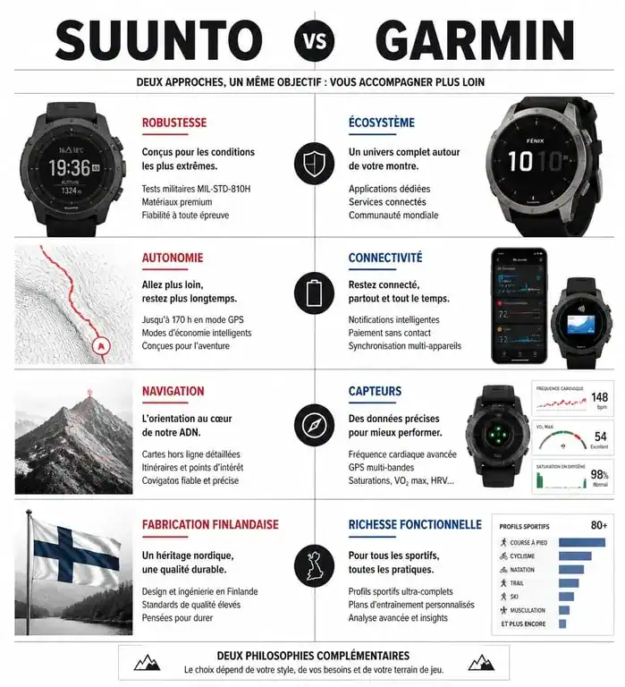 Infographie comparative Suunto ou Garmin : différences clés entre les montres de sport Suunto et Garmin pour choisir son équipement.
