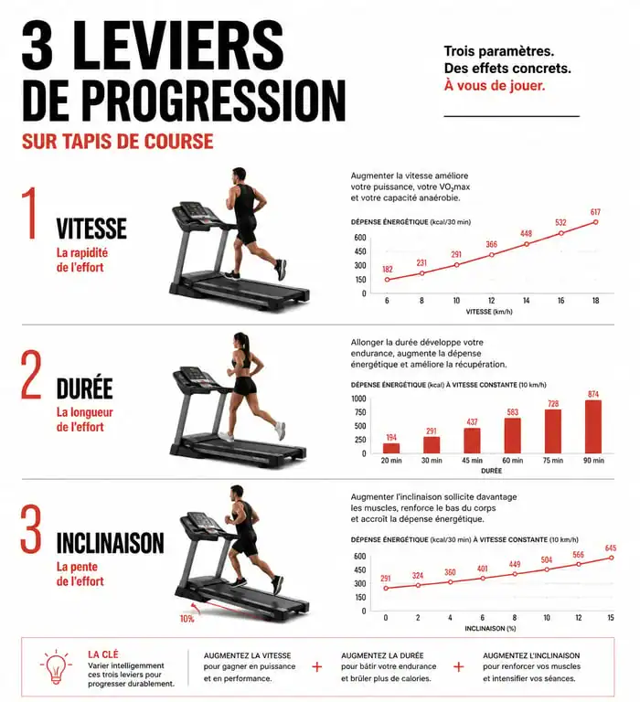 Infographie des leviers de progression pour un programme pour tapis de course