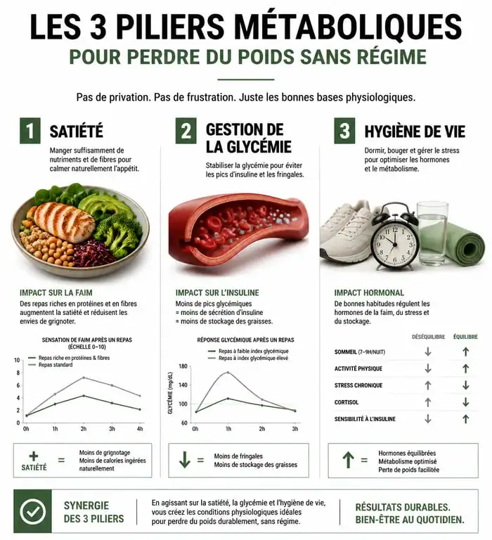 Infographie des piliers métaboliques pour maigrir sans régime