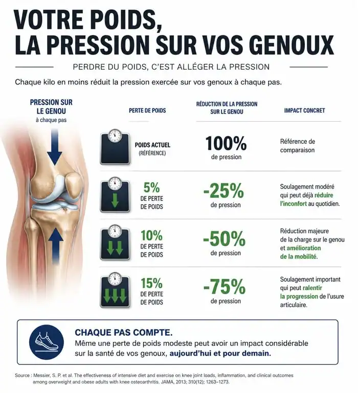 Infographie sur l'impact de la perte de poids sur les douleurs articulaires et la pression sur les genoux
