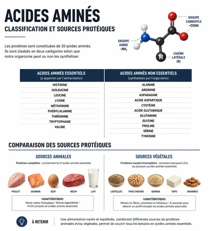Infographie sur les sources alimentaires d'acides aminés essentiels et non essentiels pour une alimentation équilibrée