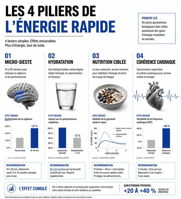 Infographie sur les méthodes pour retrouver de l'énergie rapidement et booster son tonus