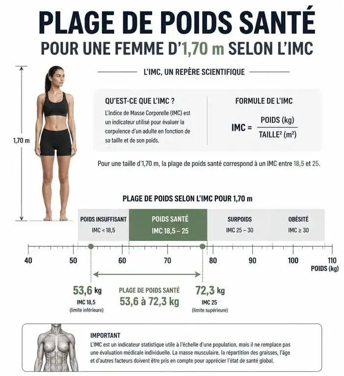 Infographie montrant la plage de poids santé pour une femme d'1m70 selon l'IMC