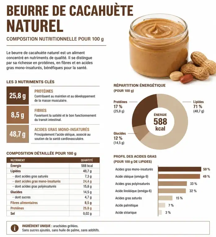 Infographie sur les bienfaits nutritionnels et la composition du beurre de cacahuète pour la gestion du poids