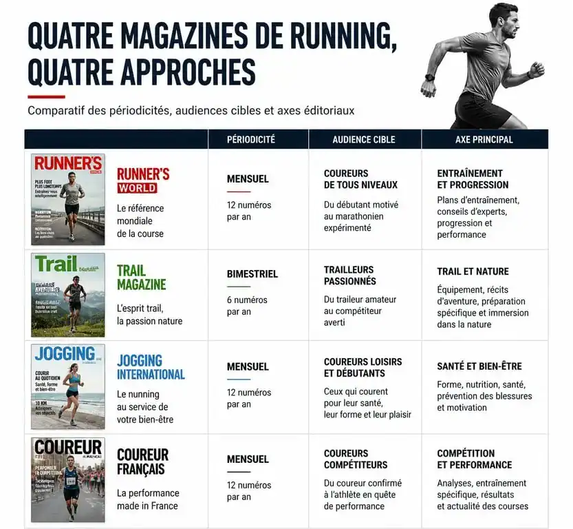 Tableau comparatif des magazines de running en France : Jogging International, Running Attitude, Running Pour Elles et Esprit Trail.