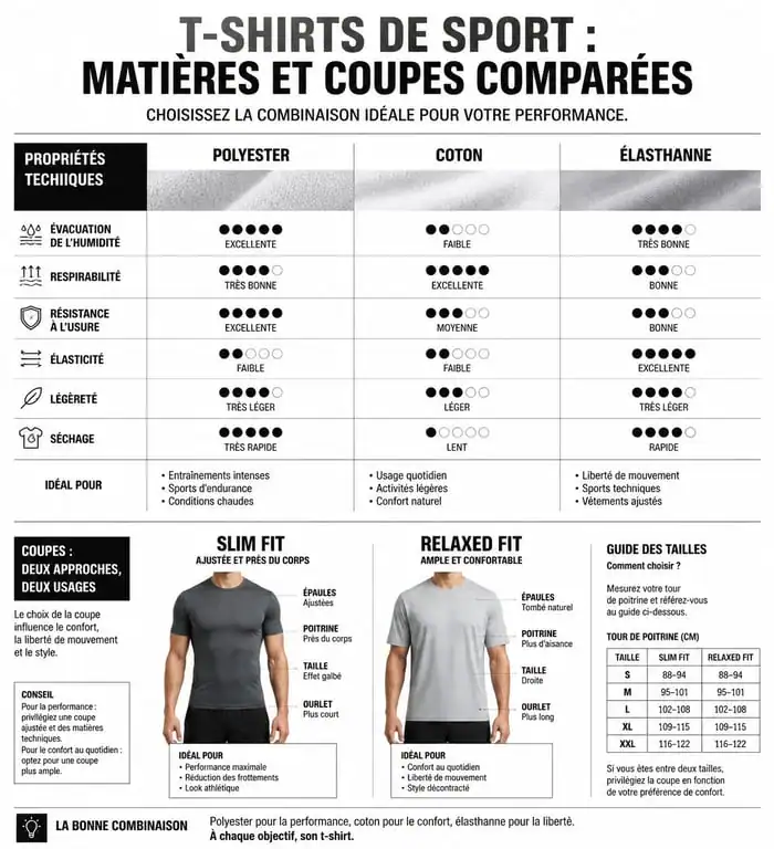 Comparatif des matières et coupes de t-shirts de sport femme pour choisir le modèle adapté à sa pratique sportive.