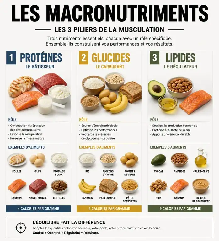 Infographie des macronutriments essentiels pour la nutrition en musculation