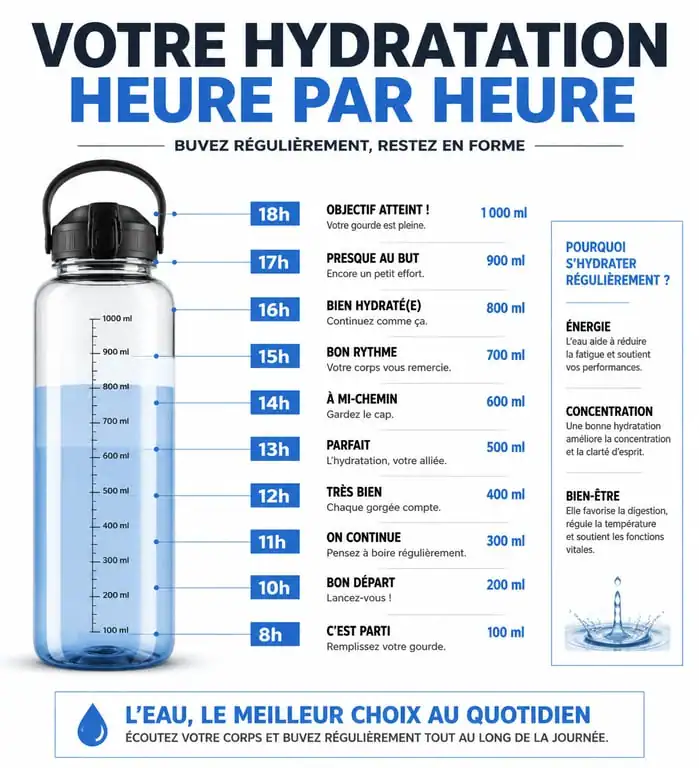 Infographie montrant les bénéfices d'une gourde graduée heure pour suivre son hydratation quotidienne