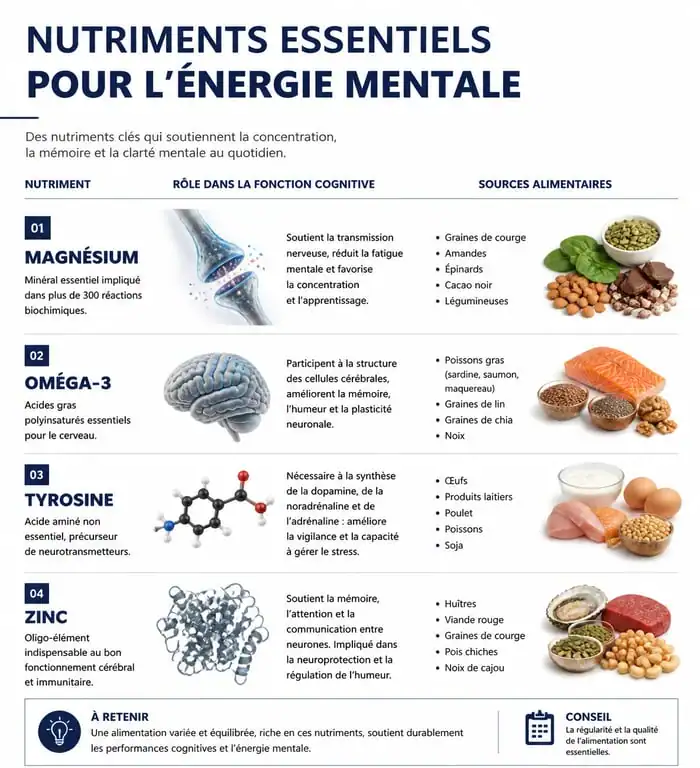 Infographie des nutriments essentiels pour retrouver de l'énergie mentale et combattre la fatigue cognitive