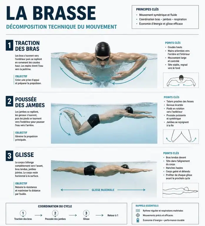 Schéma technique expliquant comment nager la brasse étape par étape
