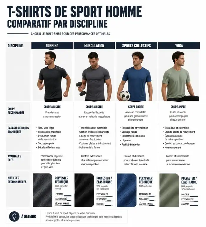 Infographie comparative des t-shirts de sport homme par discipline et matière