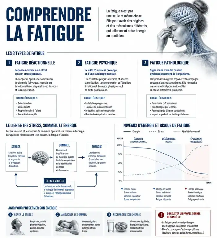 Infographie sur les trois types de fatigue : réactionnelle, psychique et pathologique pour comprendre le manque d'énergie
