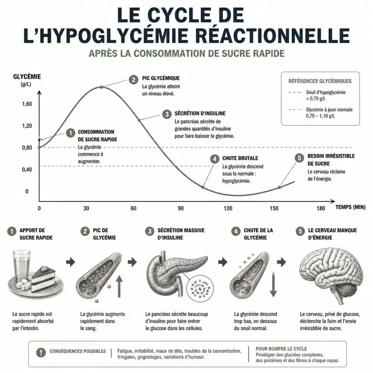 Infographie expliquant le mécanisme de l'hypoglycémie réactionnelle et les envies de sucre