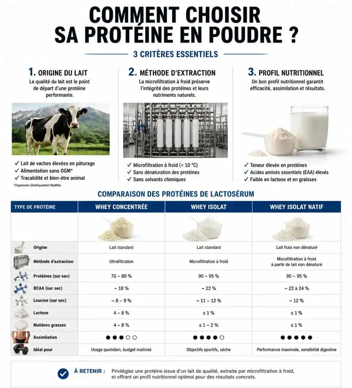 Infographie comparative pour choisir la meilleure marque de protéine en poudre selon les critères de qualité
