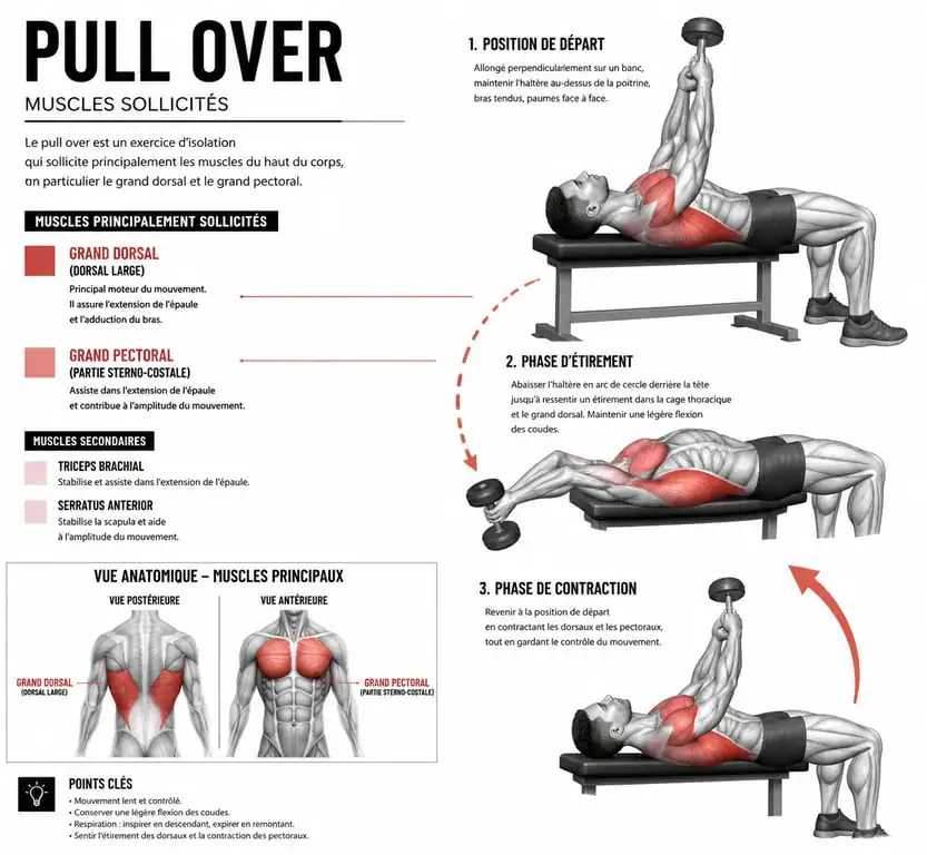 Schéma anatomique des muscles sollicités lors de l'exercice pull over