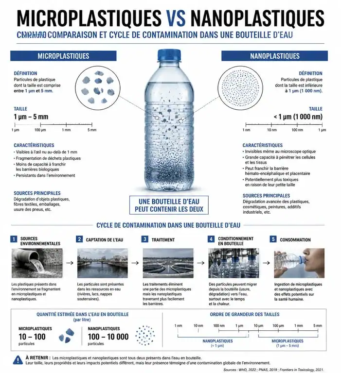 Infographie sur la présence de microplastiques et nanoplastiques dans une bouteille d'eau