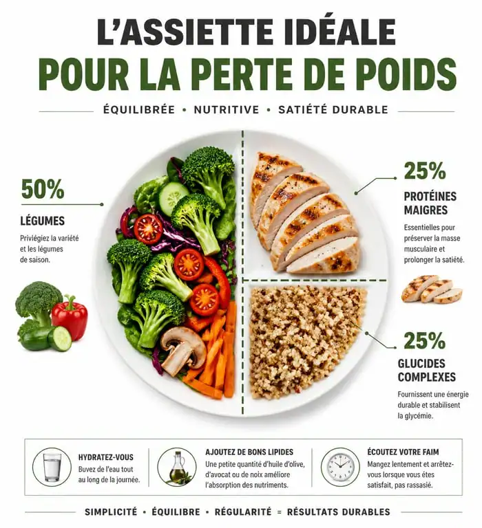Infographie de la composition idéale d'une assiette pour perdre du poids efficacement