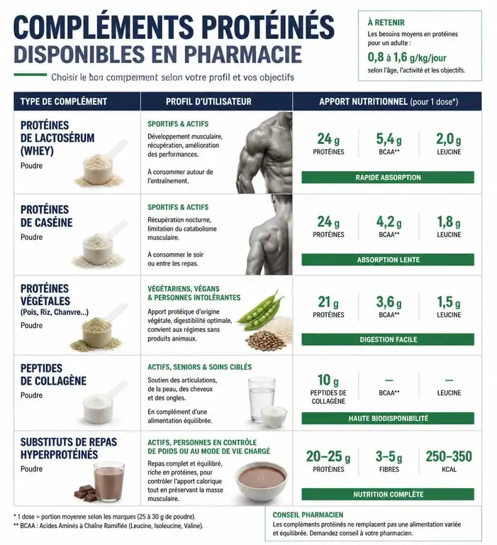 Infographie sur les types de protéines pour grossir en pharmacie et leurs usages