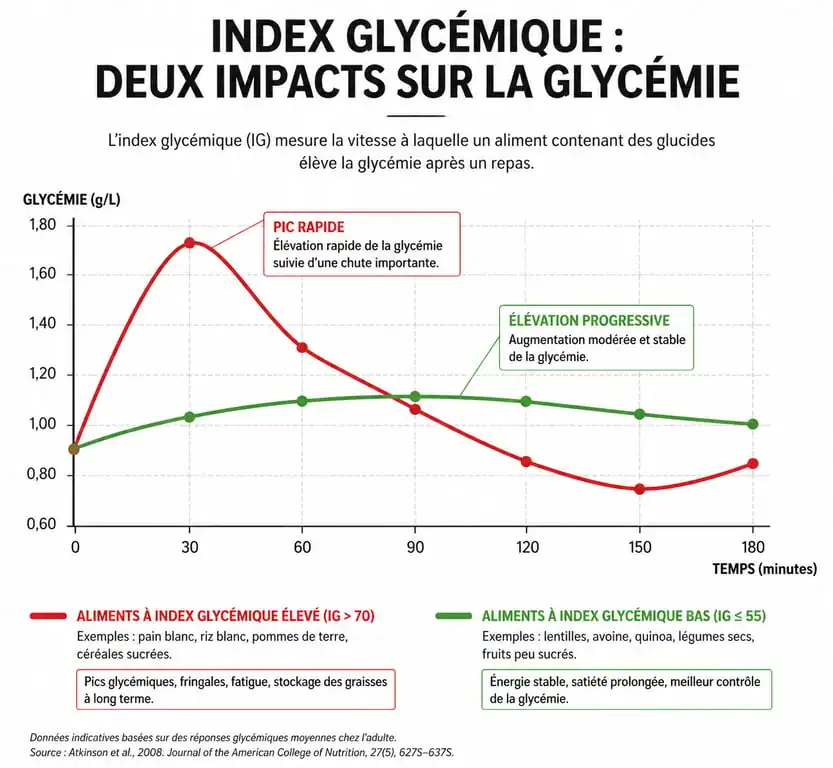 Comparaison graphique de l'impact des aliments à index glycémique élevé et bas sur la glycémie.