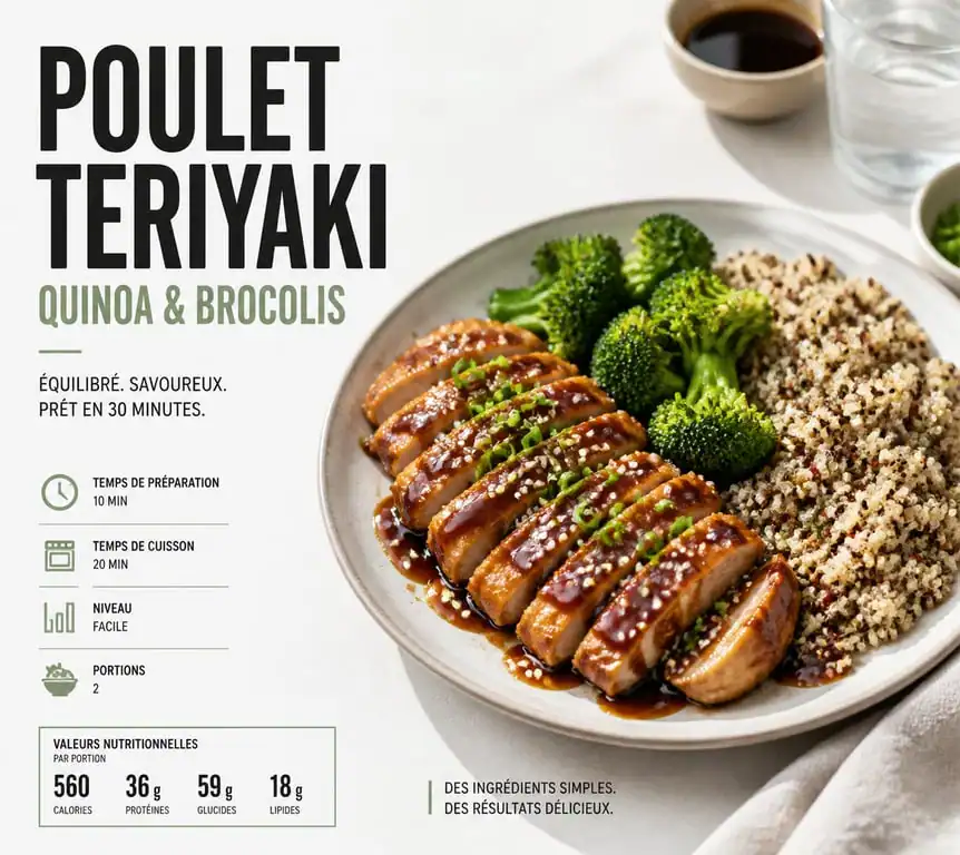 Assiette de poulet teriyaki avec quinoa et brocolis, recette riche en protéine musculation