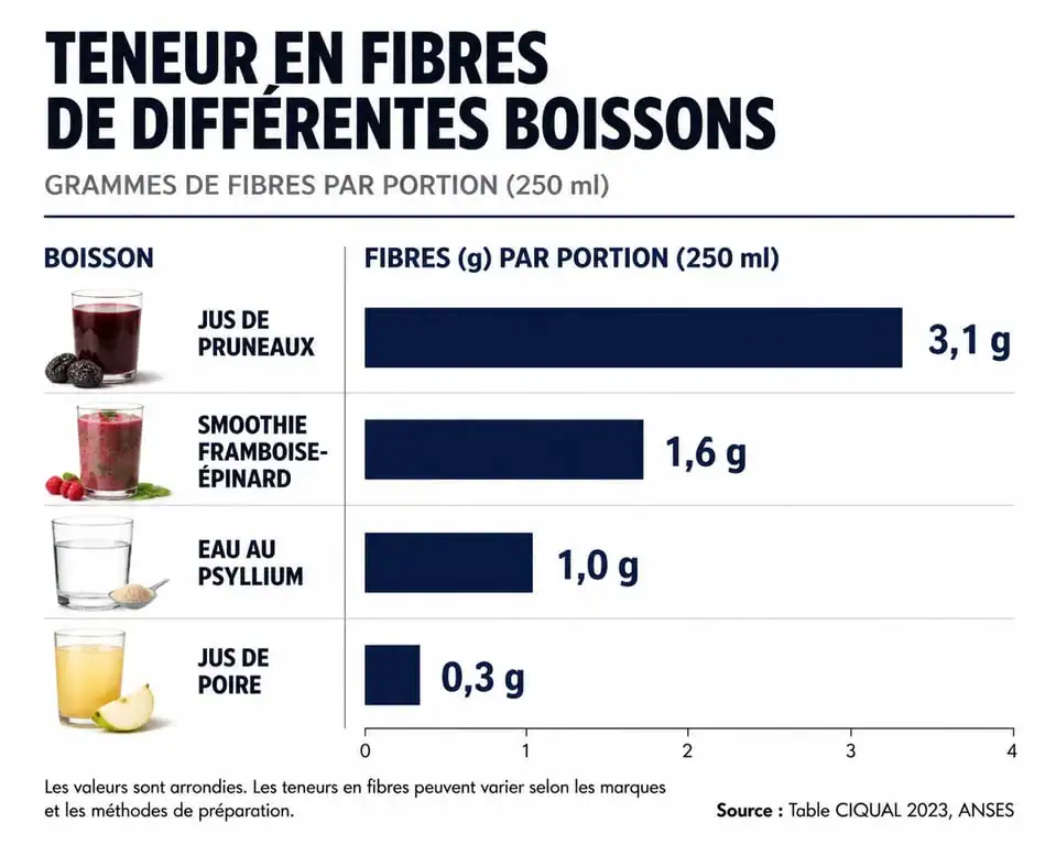 Infographie comparative de la teneur en fibres des boissons riches en fibres pour le transit intestinal