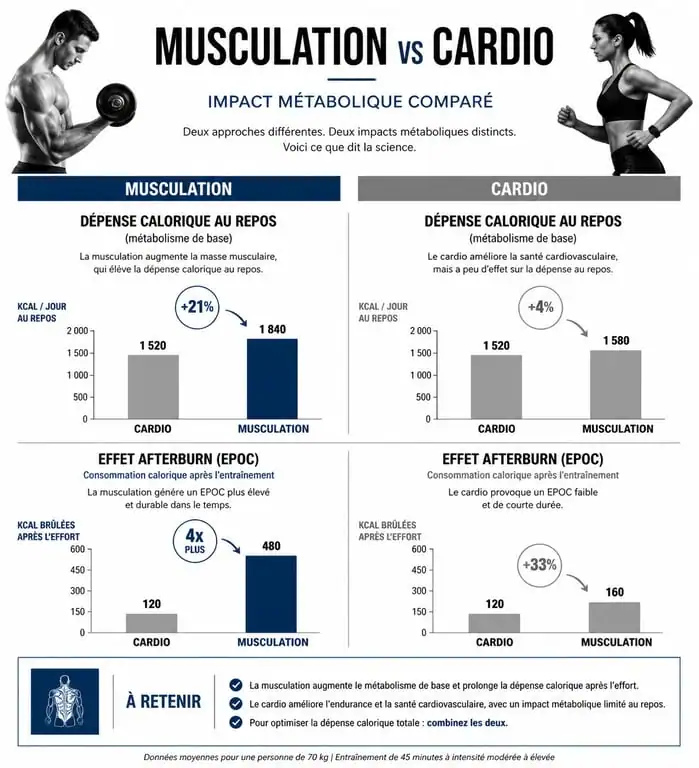 Infographie comparative : impact métabolique de la musculation et du cardio sur le métabolisme de base
