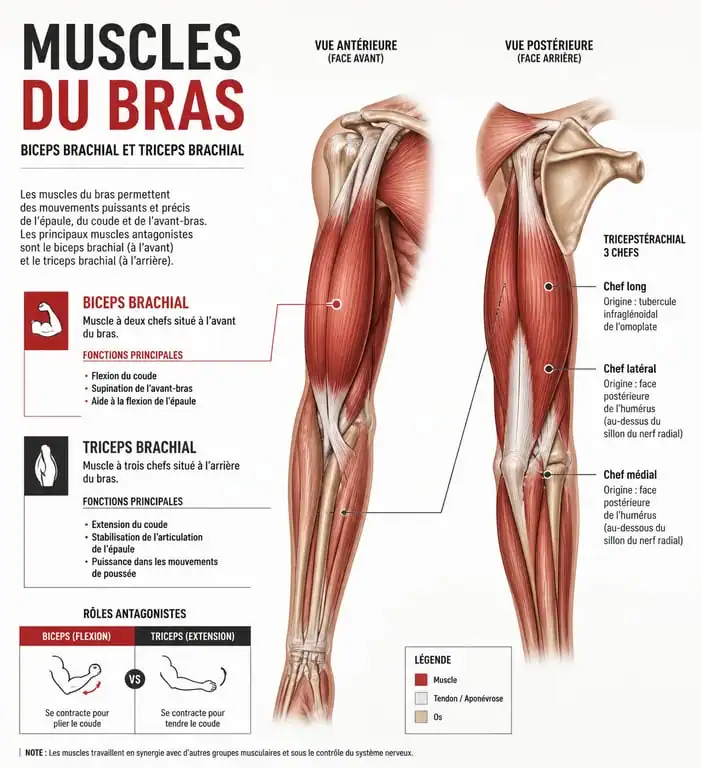 Schéma anatomique des muscles du bras pour avoir des gros bras en 1 mois
