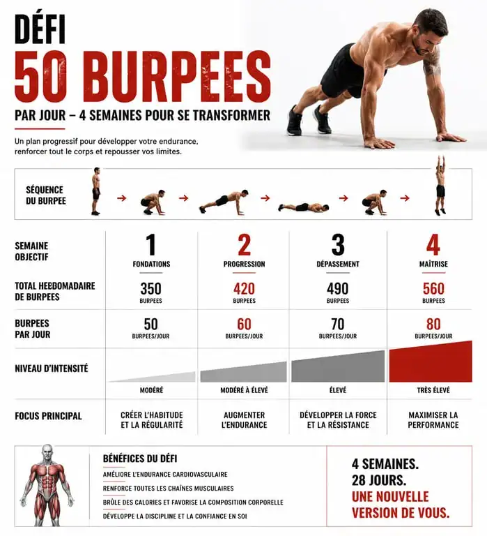 Infographie du programme de progression sur 4 semaines pour le défi de 50 burpees par jour