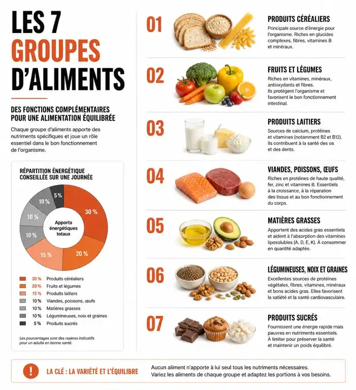 Infographie des 7 groupes d'aliments pour une alimentation équilibrée