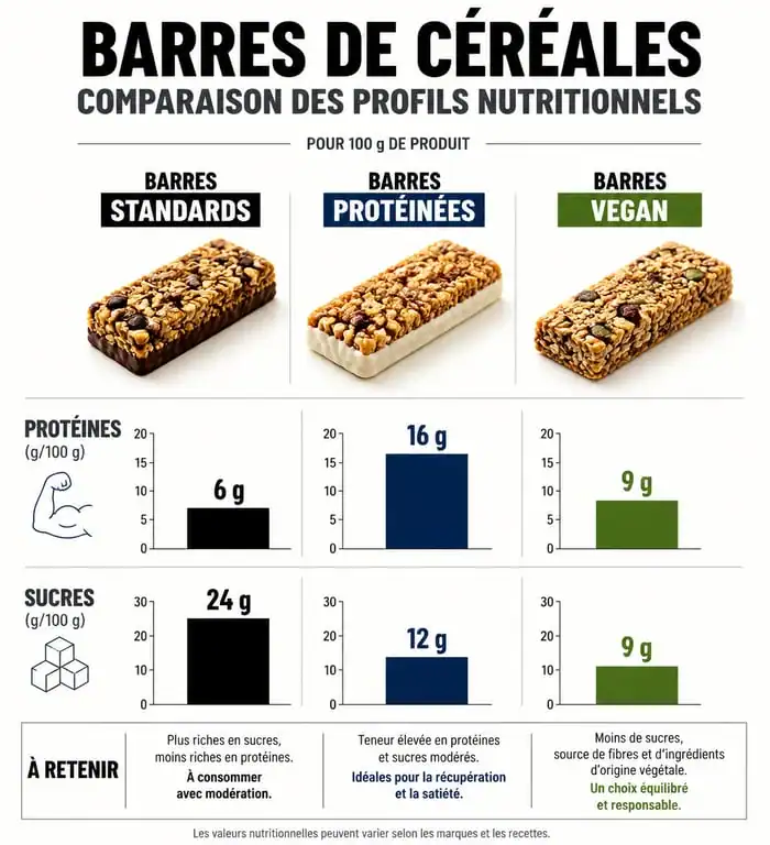 Infographie comparative des apports nutritionnels des barres de céréales protéinées