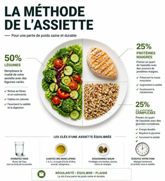 Infographie méthode de l'assiette pour une nutrition équilibrée et perdre du poids