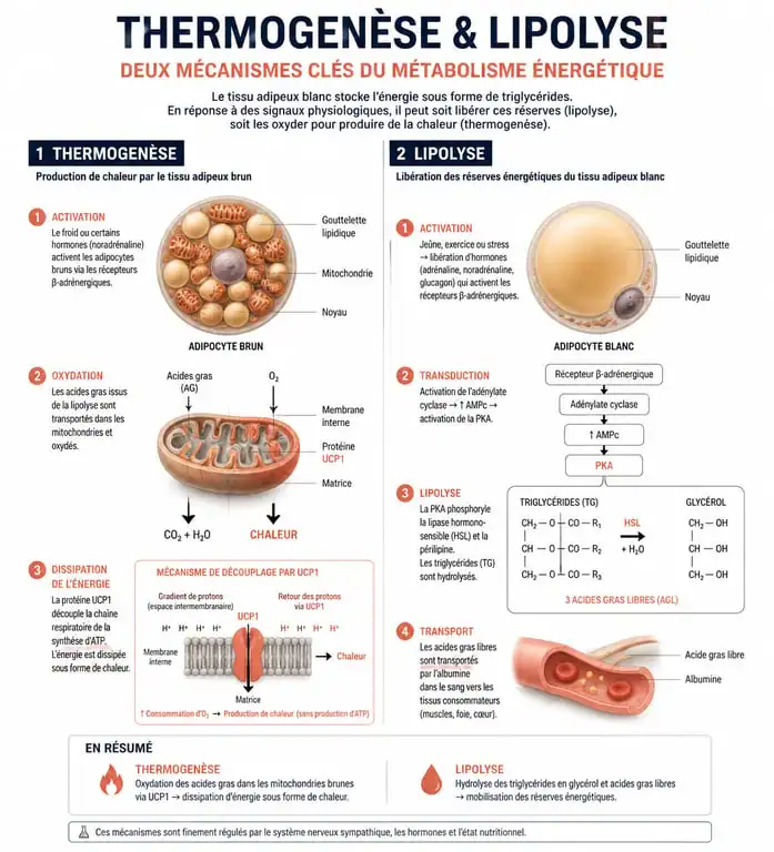 Infographie expliquant les mécanismes biologiques des aliments brûle-graisse et la thermogenèse
