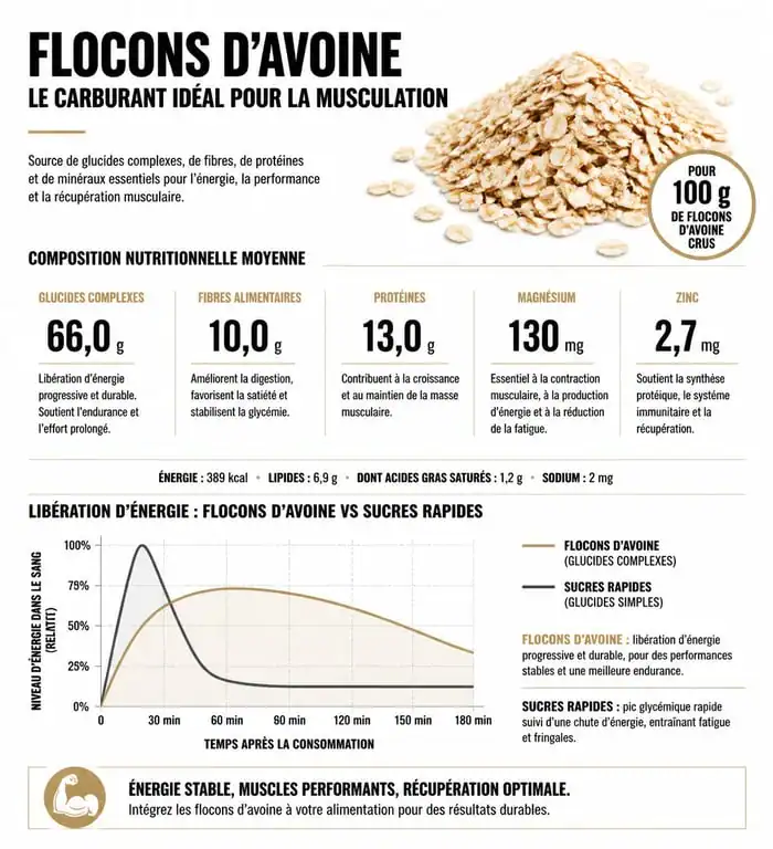 Infographie des bienfaits des flocons d'avoine pour la musculation et la performance sportive