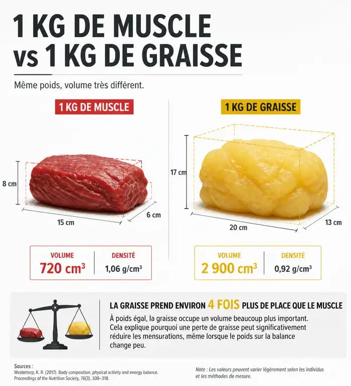Comparaison visuelle du volume entre 1kg de muscle et 1kg de graisse pour comprendre pourquoi on ne perd pas de poids mais on s'affine.